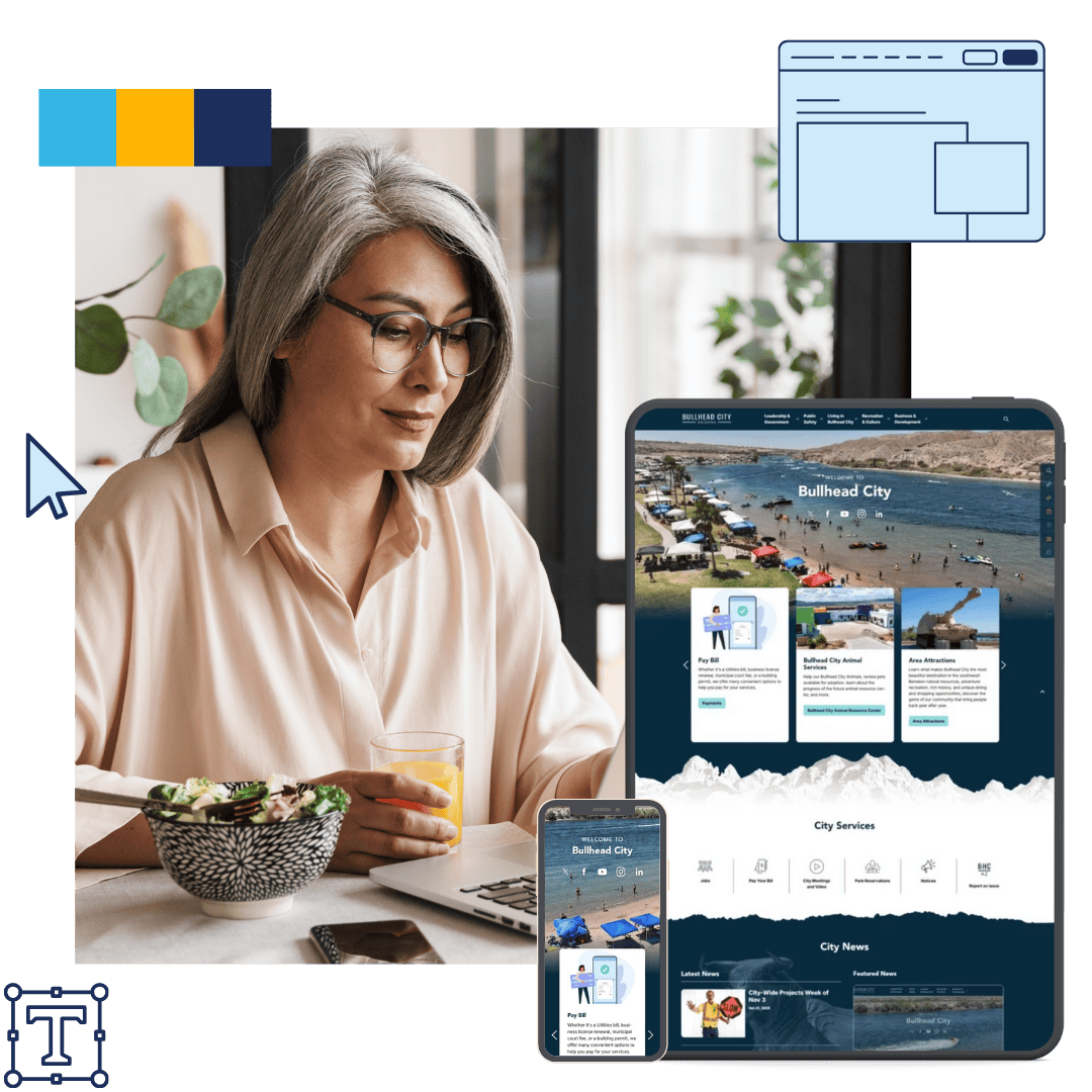 a woman staring at a laptop screen with a mobile phone and ipad homescreen loaded with bullhead city website